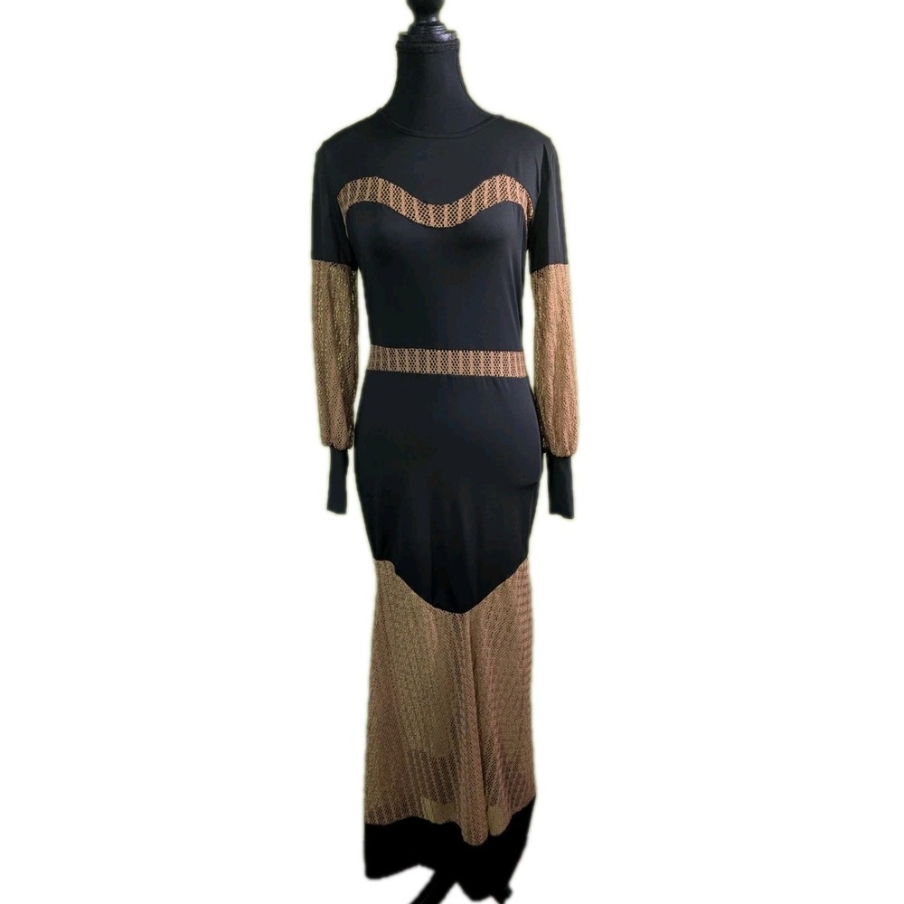 Black Mesh Panel Maxi Dress Women's Medium Y2K Bodycon Goth Clubwear